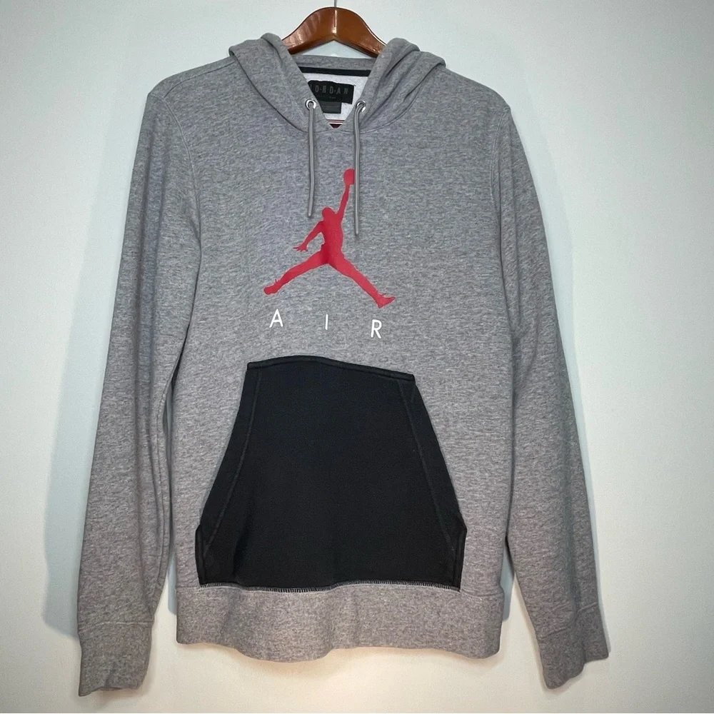 AIR JORDAN Men's Gray Hooded Sweatshirt Black Front Pocket Size Medium